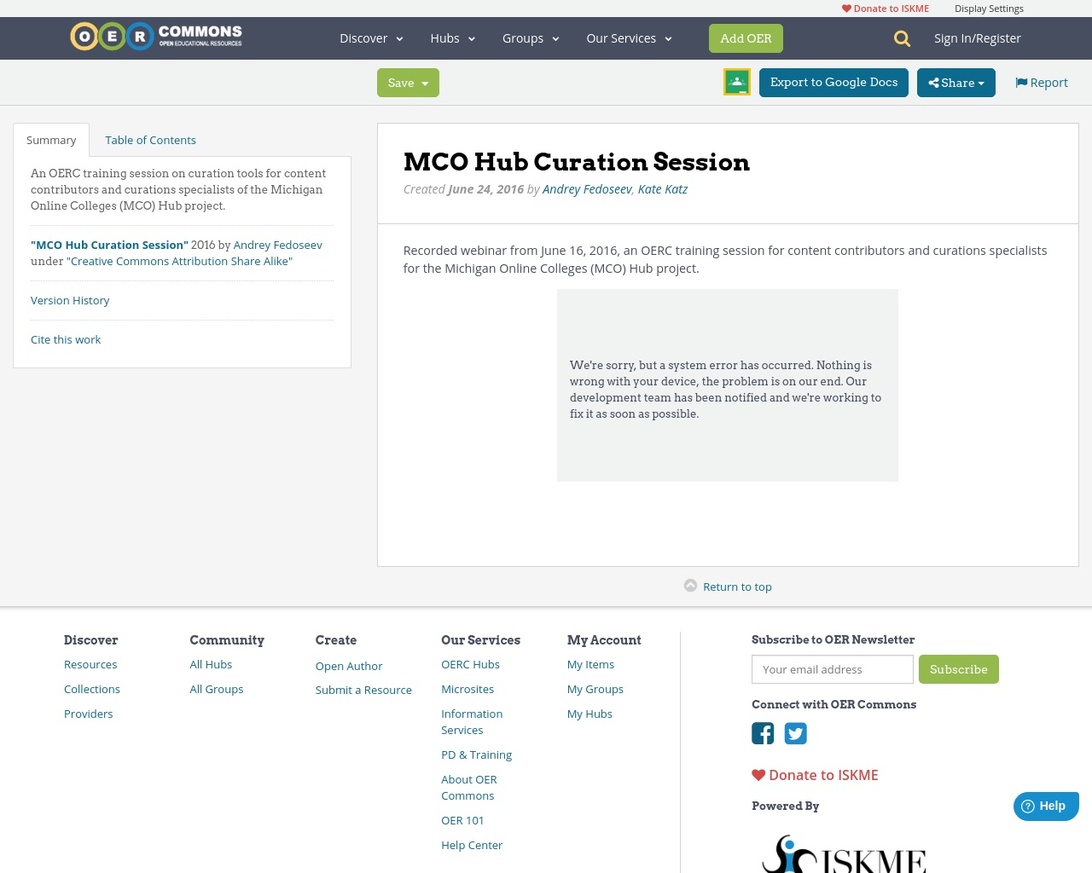 A screenshot of an online training resource for digital curation specialists on the OER Commons website.