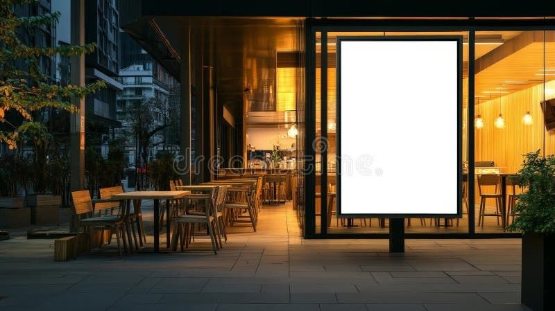 Empty modern café at night with a bright blank window sign